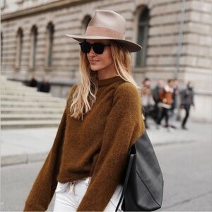 Stylish Tan/Brown Janessa Leone Fedora Hat 100% wool sun hat M